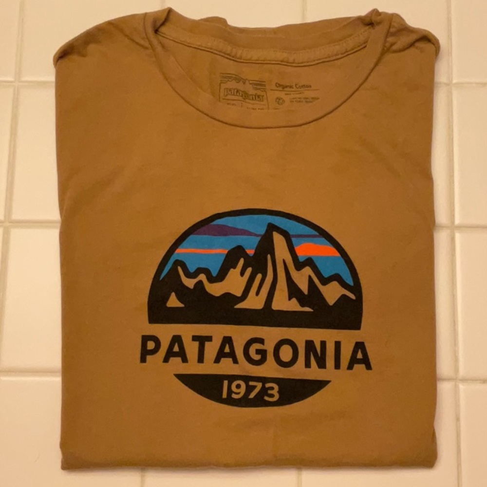 Patagonia Brown Graphic Logo Short Sleeve Tee with Blue and Orange Accents